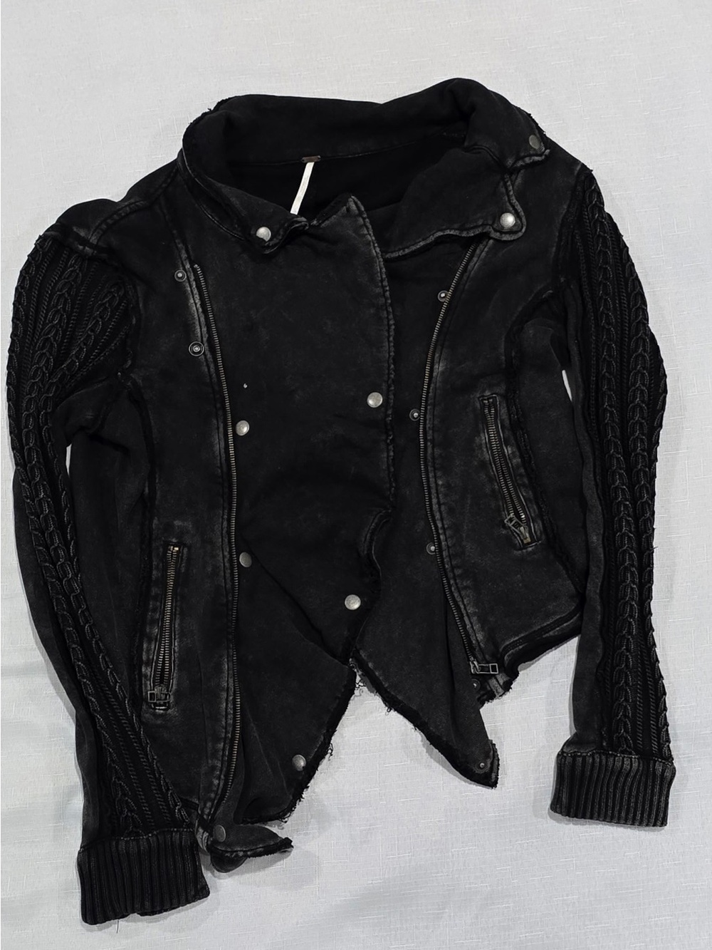 Free People Black Distressed Faux Leather Moto Jacket with Knit Sleeves - Picture 2 of 6